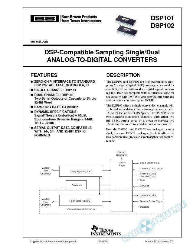 DSP101, DSP102: DSP-Compatible Sampling Single/Dual A/D Converters  (Rev. A)