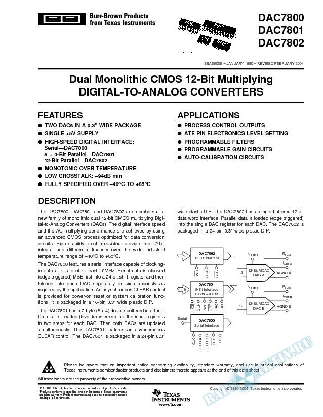DAC7800, 7801, 7802: Dual Monolithic CMOS 12-Bit Multiplying D/A Converter (Rev. B)