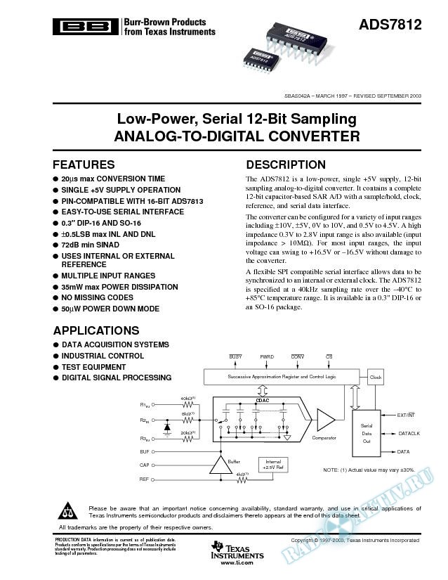 ADS7812: Low-Power, Serial 12-Bit Sampling Analog-To-Digital Converter (Rev. A)