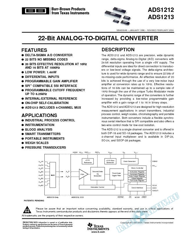 ADS1212, ADS1213: 22-Bit Analog-to-Digital Converter (Rev. B)