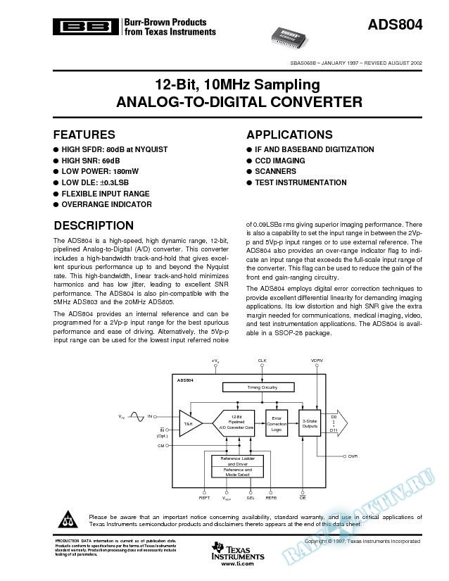 ADS804: 12-Bit, 10MHz Sampling Analog-To-Digital Converter (Rev. B)