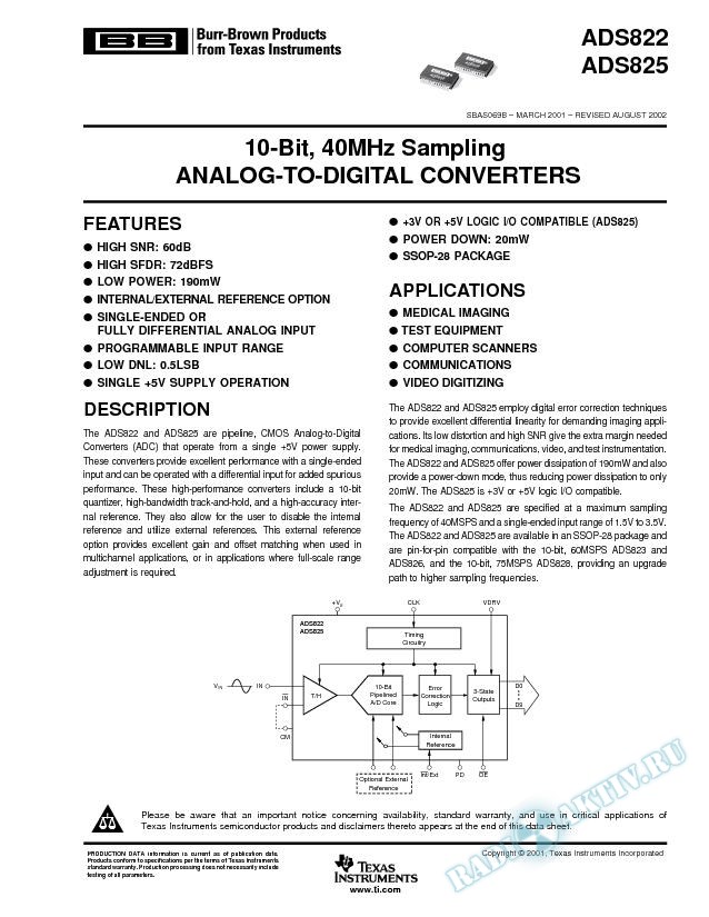 ADS822, ADS825: 10-Bit, 40MHz Sampling Analog-To-Digital Converter (Rev. B)