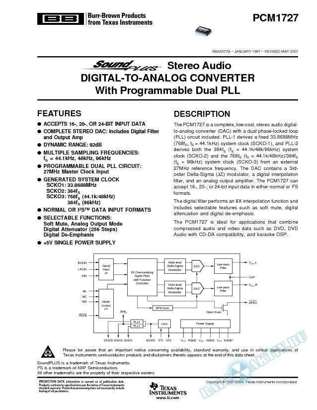 SoundPlus™ Stereo Audio Digital/Analog Converter w/ Programmable Dual PLL (Rev. A)