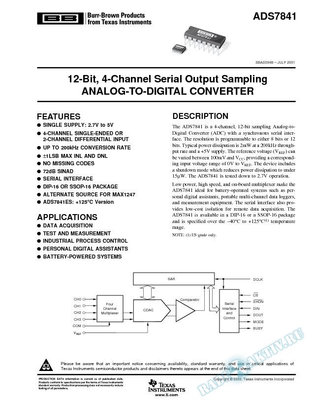 ADS7841: 12-Bit, 4-Channel Serial Output Sampling Analog-to-Digital Converter (Rev. B)