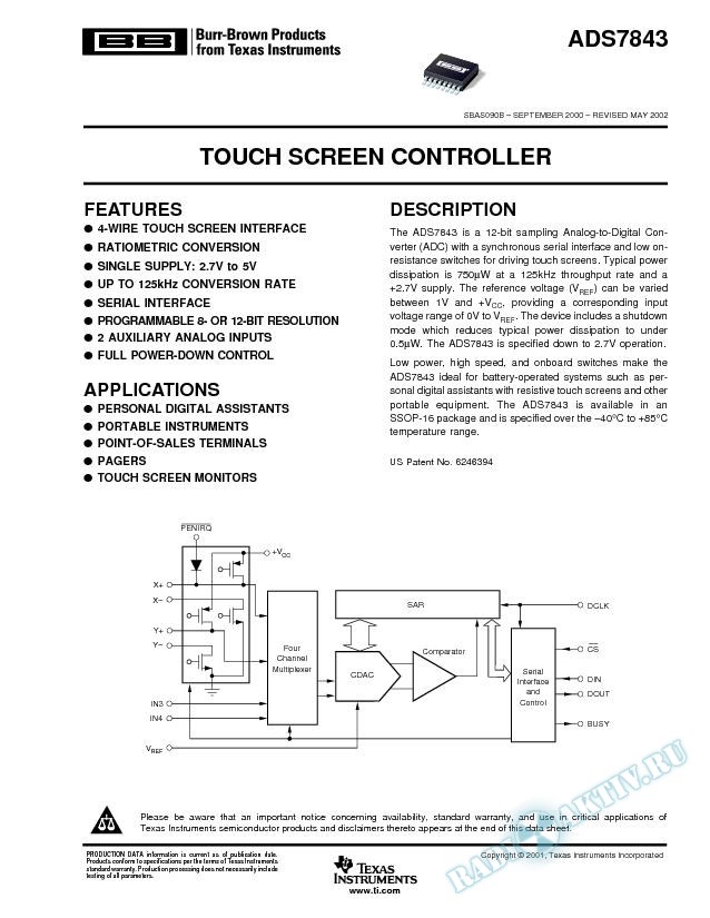 ADS7843: Touch Screen Controller (Rev. B)