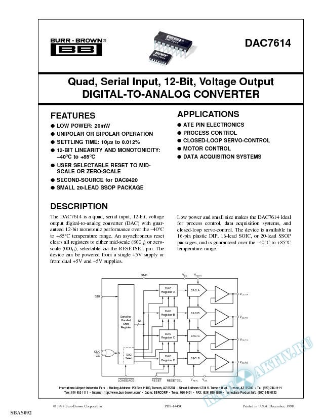 Quad, Serial Input, 12-Bit, Voltage Output Digital-To-Analog Converter