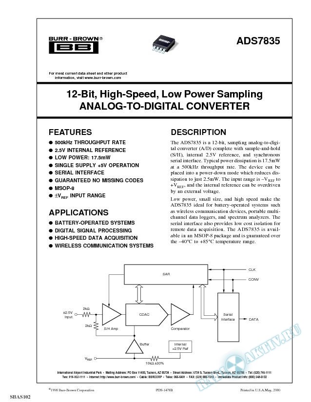 12-Bit, High-Speed, Low Power Sampling Analog-to-Digital Converter