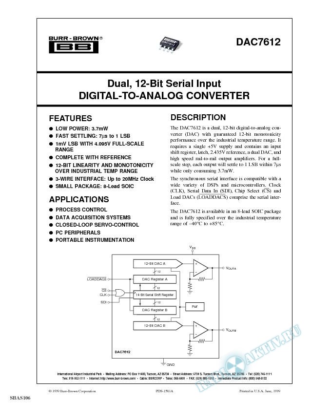 Dual, 12-Bit Serial Input Digital-To-Analog Converter 
