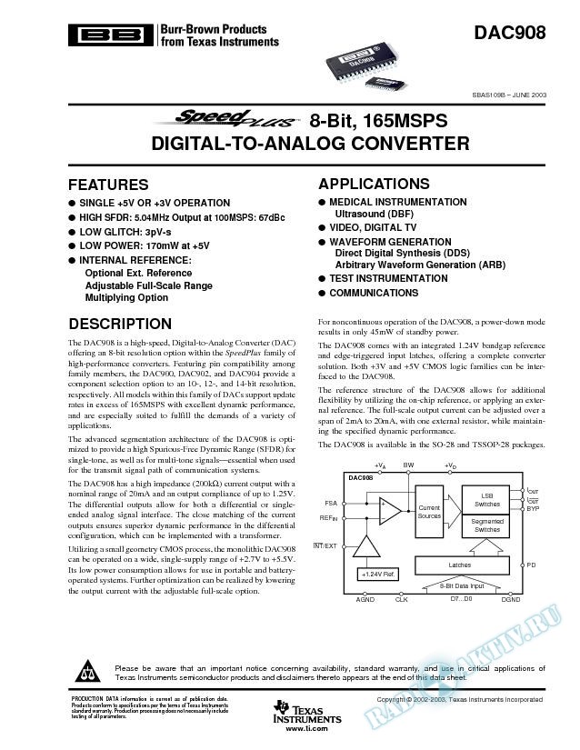 DAC908: SpeedPlus 8-Bit, 165MSPS Digital-to-Analog Converters (Rev. B)