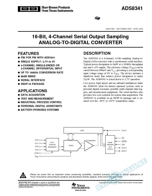 ADS8341: 16-Bit, 4-Channel Serial Output Sampling Analog-To-Digital Converter (Rev. D)