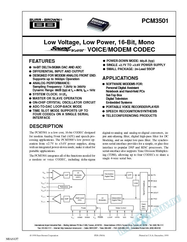 Low Voltage, Low Power, 16-Bit, Mono SoundPlus VOICE/MODEM CODEC