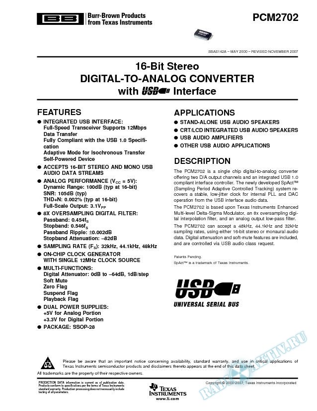 16-Bit Stereo Digital-To-Analog Converter with USB Interface (Rev. A)