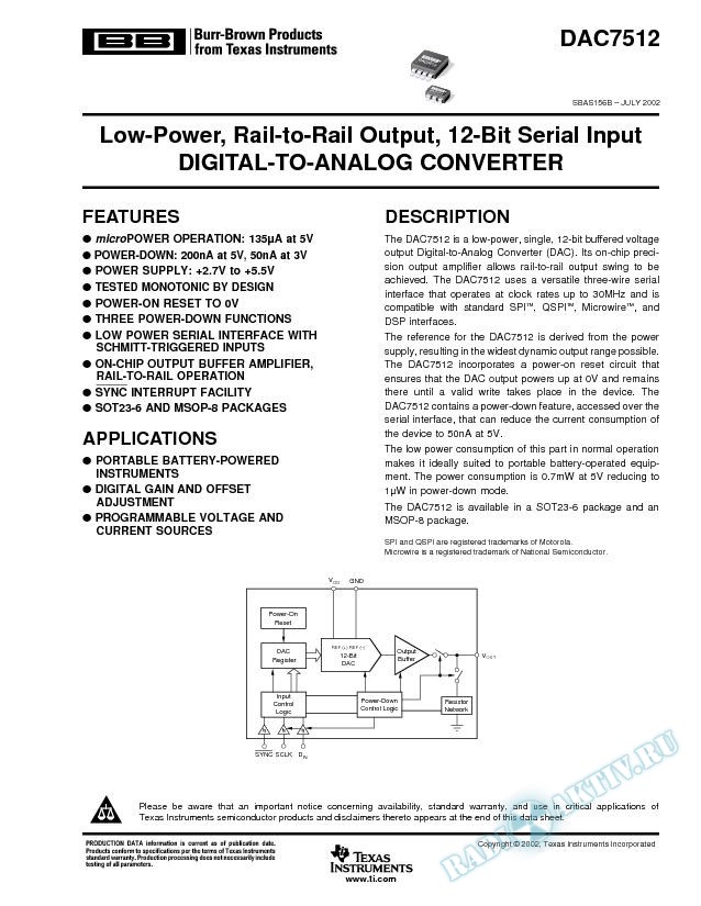 Low-Power Rail-To-Rail Output 12-Bit Serial Input D/A Converter (Rev. B)