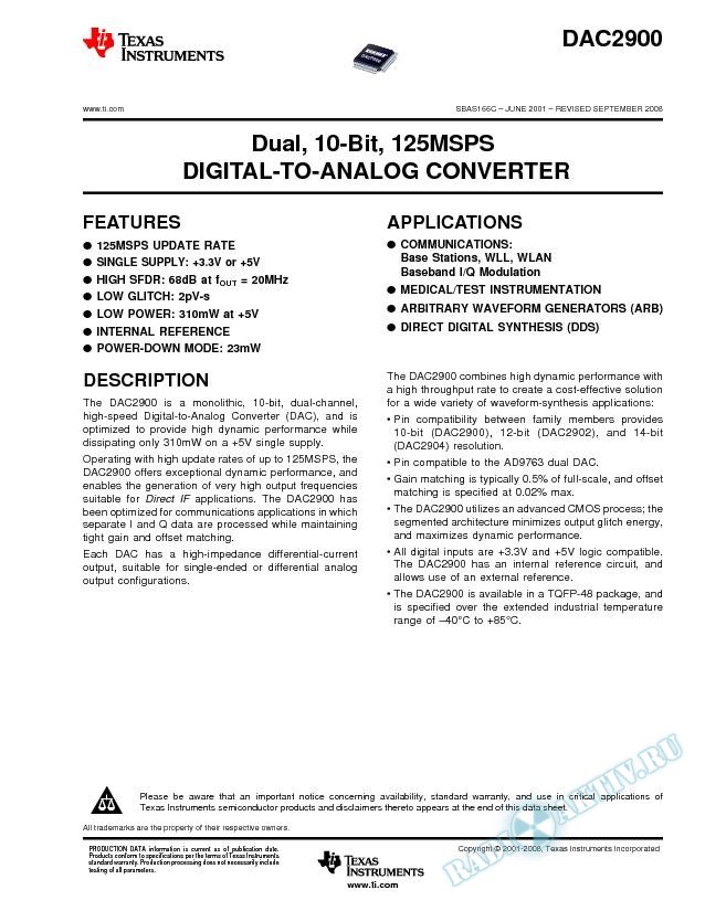 Dual, 10-Bit ,125MSPS Digital-to-Analog Converter (Rev. C)