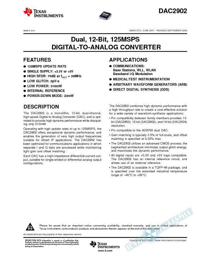 Dual, 12-Bit, 125MSPS Digital-to-Analog Converter (Rev. C)