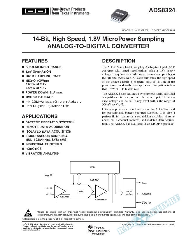 ADS8324: 14-Bit, 50-KSPS, 1.8-V Micropower Sampling Analog-to-Digital Converter (Rev. A)
