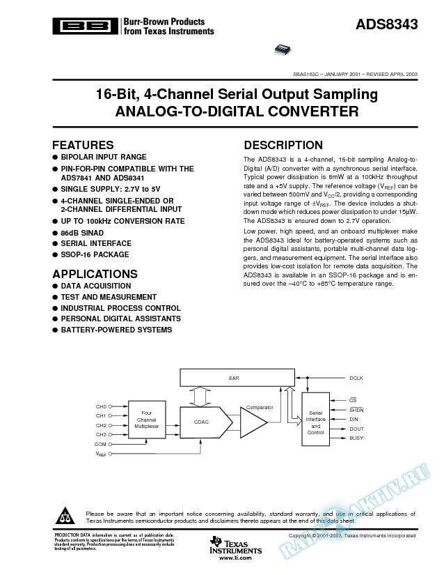 ADS8343: 16-Bit, 4-Channel Serial Output Sampling Analog-to-Digital Converter (Rev. C)