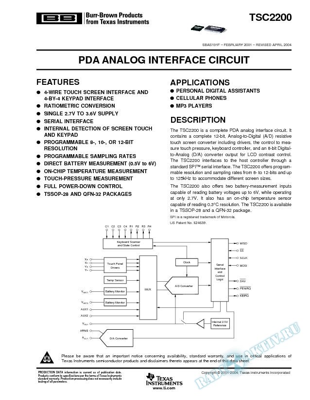 TSC2200: PDA Analog Interface Circuit (Rev. F)