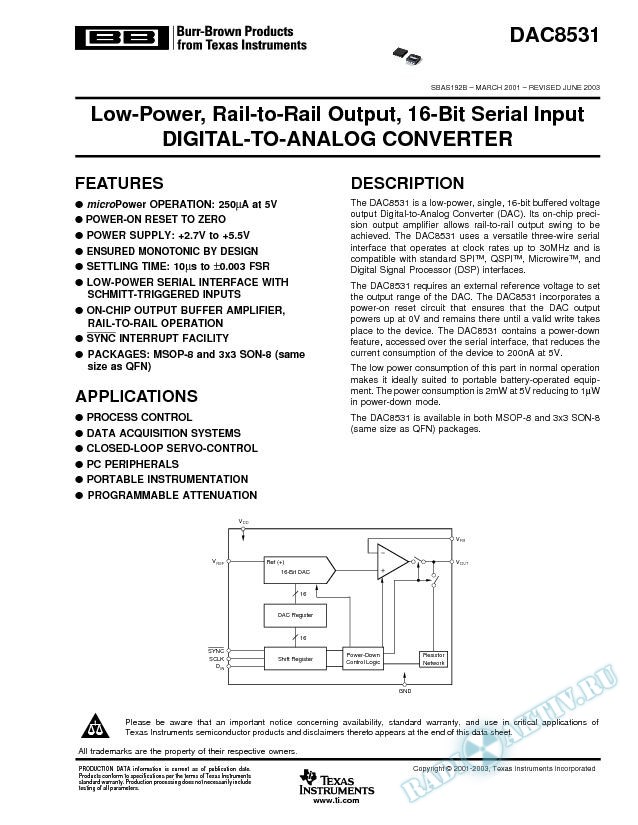 DAC8531: Low-Power, Rail-to-Rail Output, 16-Bit Serial Input D/A Converter (Rev. B)