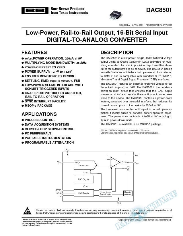 DAC8501: Low-Power, Rail-to-Rail Output, 16-Bit Serial Input D/A Converter (Rev. A)