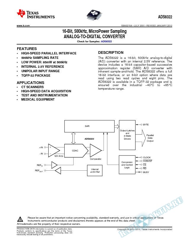 ADS8322: 16-Bit, 500kHz, MicroPower Sampling Analog-to-Digital Converter (Rev. A)