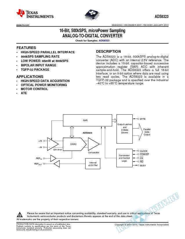 ADS8323: 16-Bit, 500kSPS, microPower Sampling Analog-to-Digital Converter (Rev. C)