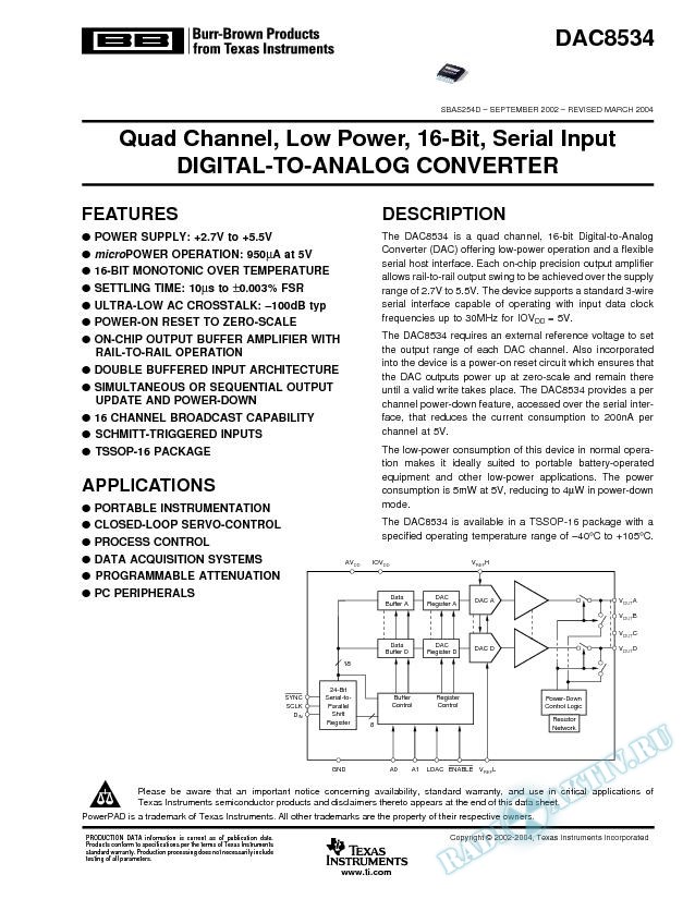 DAC8534: Quad Channel, Low Power, 16-Bit, Serial Input D/A Converter (Rev. D)