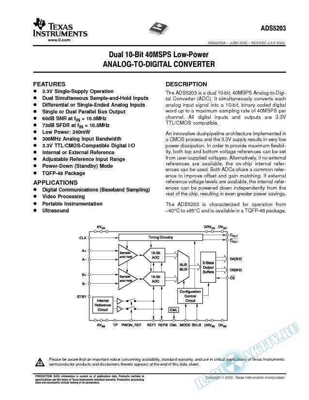 ADS5203: Dual 10-Bit, 40MSPS Low-Power Analog-to-Digital Converter (Rev. A)