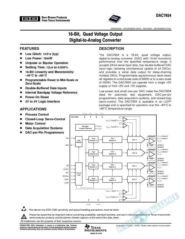 DAC7654: 16-Bit, Quad Voltage Output Digital-To-Analog Converter (Rev. A)
