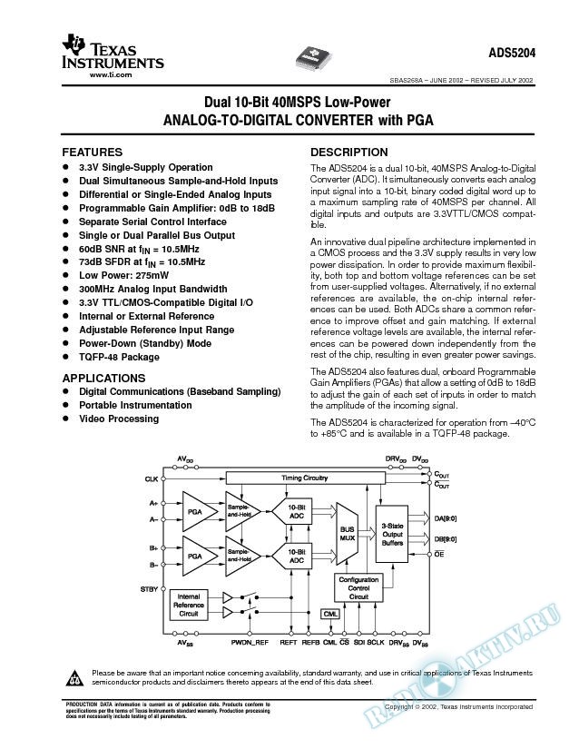 ADS5204: Dual 10-Bit, 40MSPS Low-Power Analog-to-Digital Converter with PGA (Rev. A)
