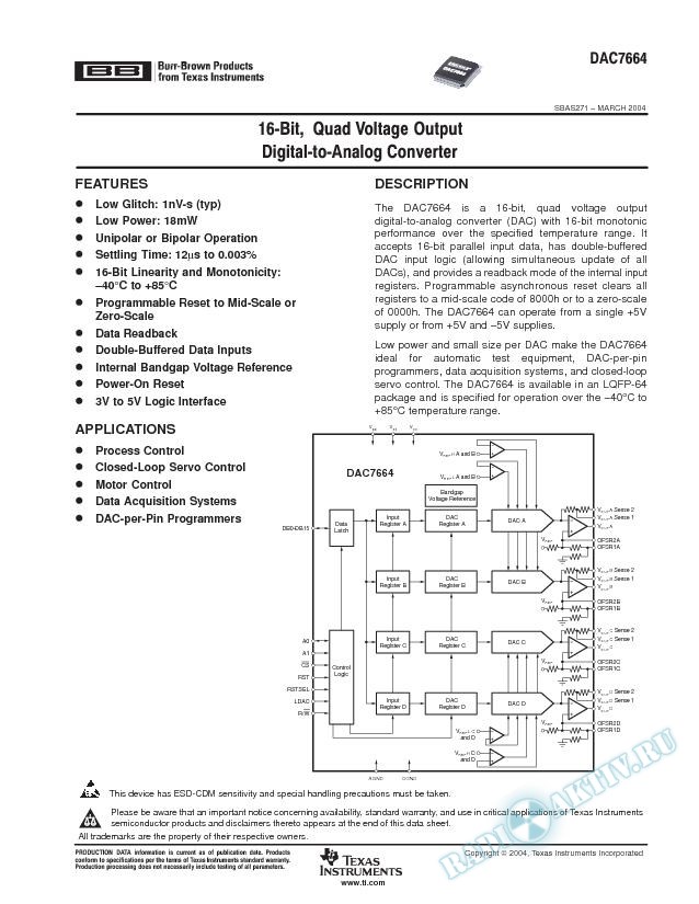 DAC7664: 16-Bit, Quad Voltage Output Digital-to-Analog Converter