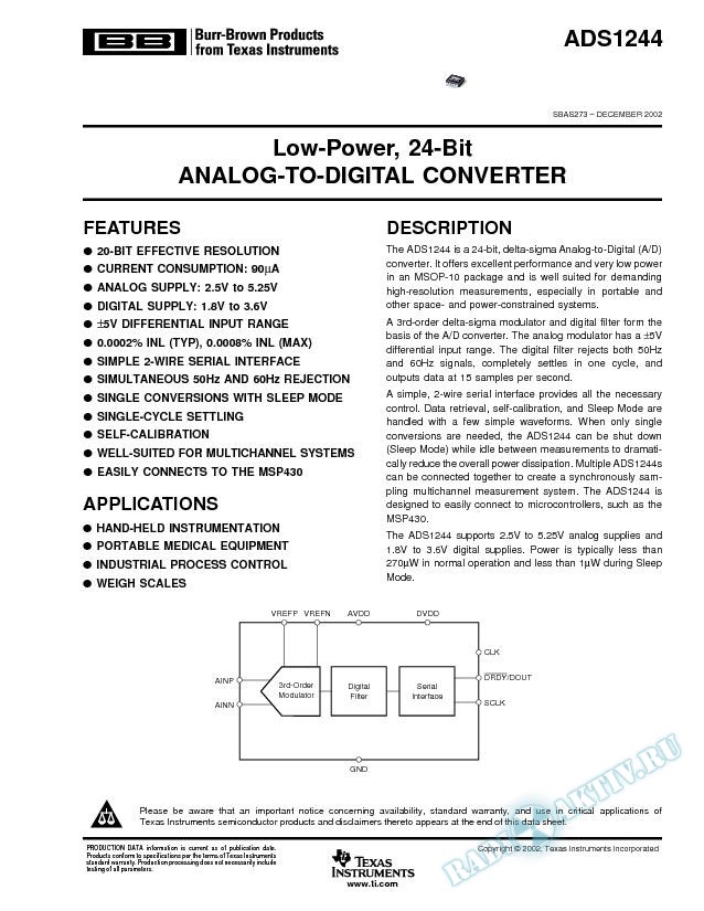 ADS1244: Low Power, 24-Bit Analog-To-Digital Converter
