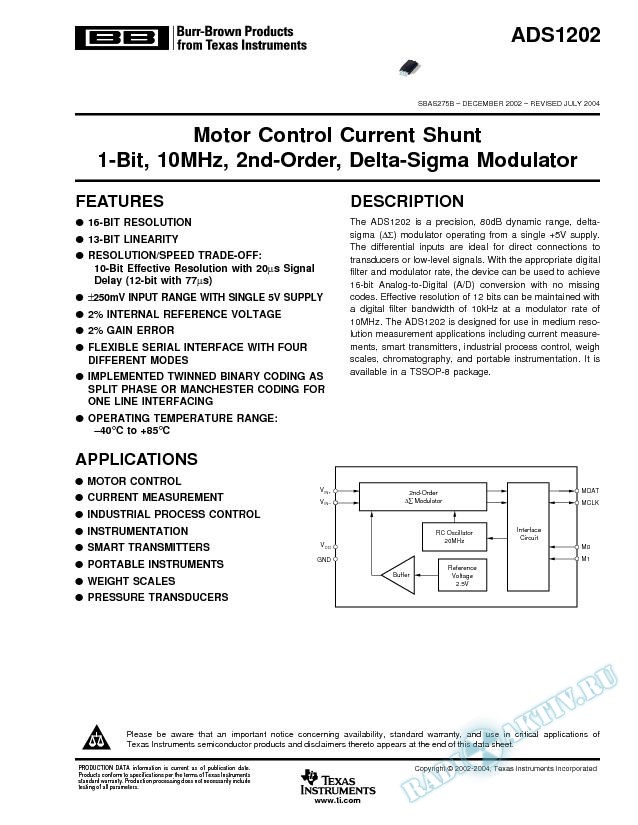 ADS1202: Motor Control Current Shunt, 1-Bit, 10MHz, 2nd-Order D-S Modulator (Rev. B)