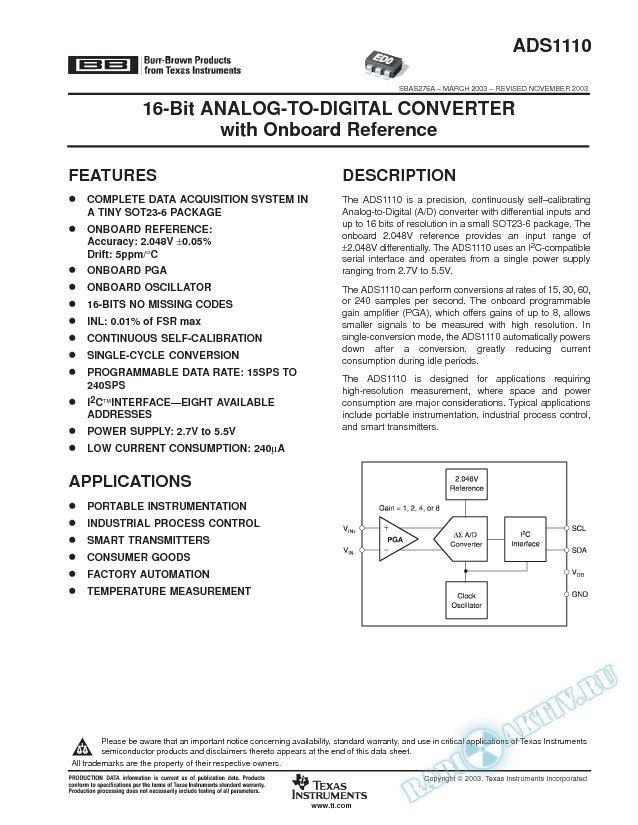 ADS1110: 16-Bit Analog-to-Digital Converter with Onboard Reference (Rev. A)