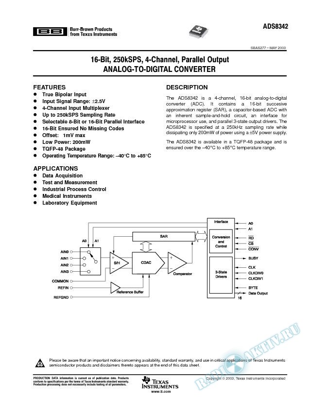 ADS8342: 16-Bit, 250kSPS, 4-Channel, Parallel Output Analog-to-Digital Converter