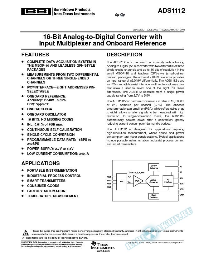 ADS1112: 16-Bit Analog-to-Digital Conv with Input Multiplexer and Onboard Ref (Rev. D)