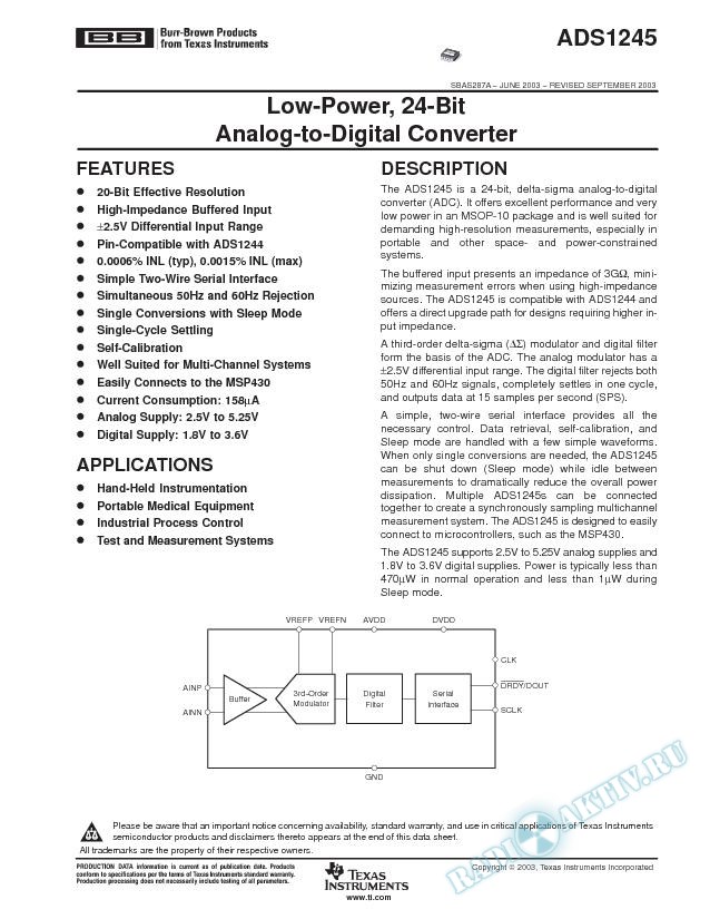ADS1245: Low-Power, 24-Bit Analog-to-Digital Converter (Rev. A)