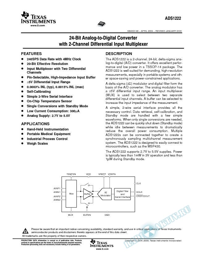 ADS1222: 24-Bit A/D Conv with 2-Channel Differential Input Multiplexer (Rev. B)