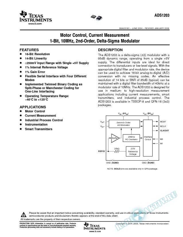 Motor Control, Current Measurement, 1-Bit, 10MHz, 2nd-Order, Delta-Sig Modulator (Rev. C)