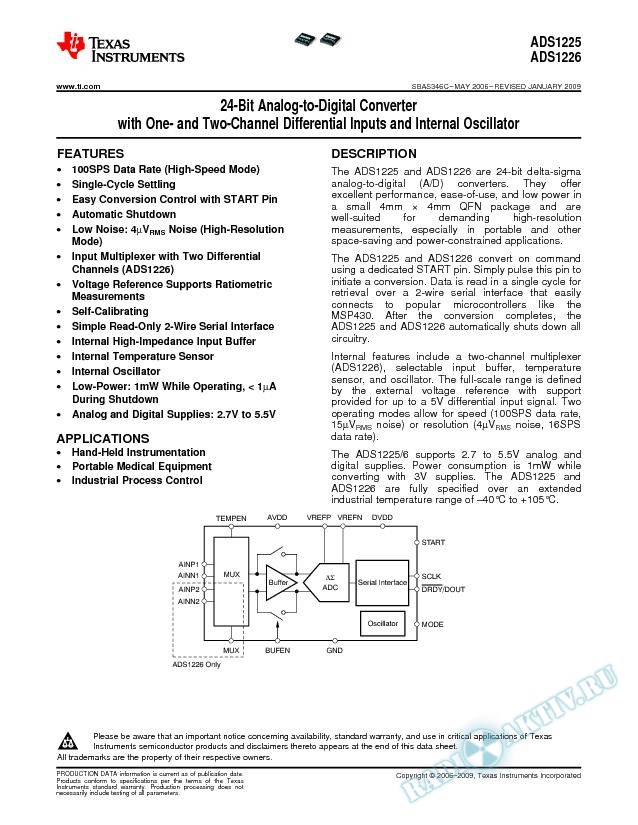 24-Bit A/D Converter with One- and Two-Channel Differential Inputs and Int Osc (Rev. C)