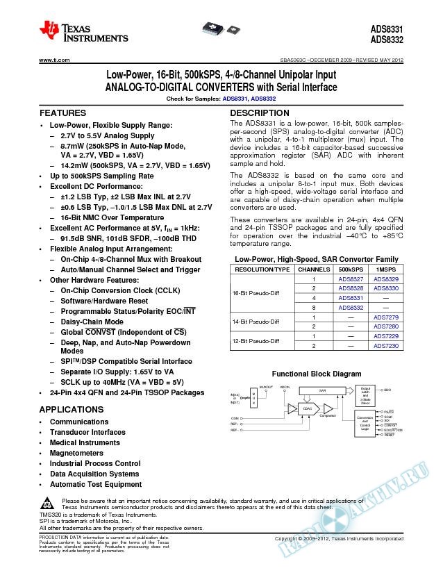 Low-Power, 16-Bit, 500kSPS, 4-/8-Channel Unipolar Input ADCs w/Serial Interface (Rev. C)