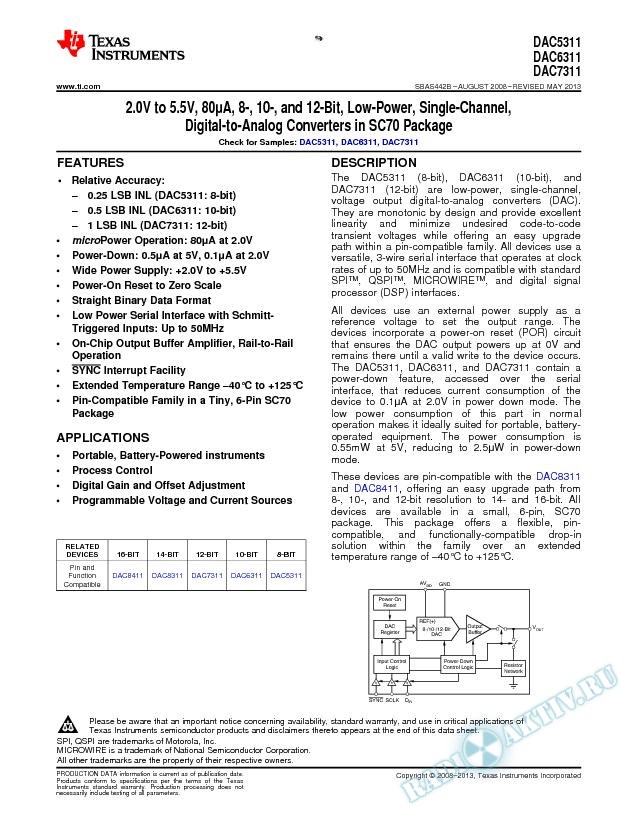2.0V to 5.5V, 80μA, 8-, 10-, and 12-Bit, Low-Power, Single-Channel, DACs in SC70 (Rev. B)