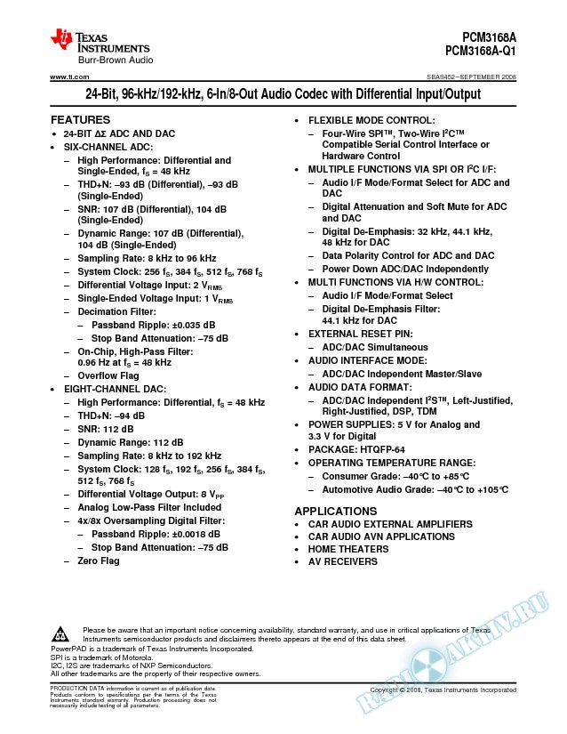 24-Bit, 96-kHz/192-kHz, 6-in/8-out Audio Codec w/ Diff Input/Output