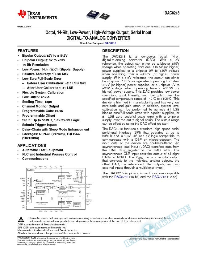 Octal, 14-Bit, Low-Power, High-Voltatge Output, Serial Input D/A Converter (Rev. A)