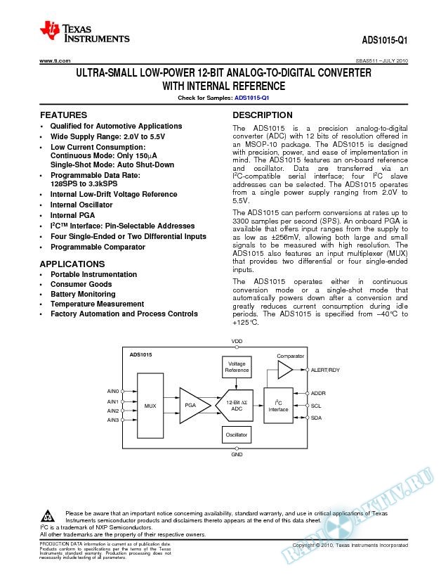 ADS1015-Q1 Ultra-Small Low-Power 12-Bit ADC With Internal Reference