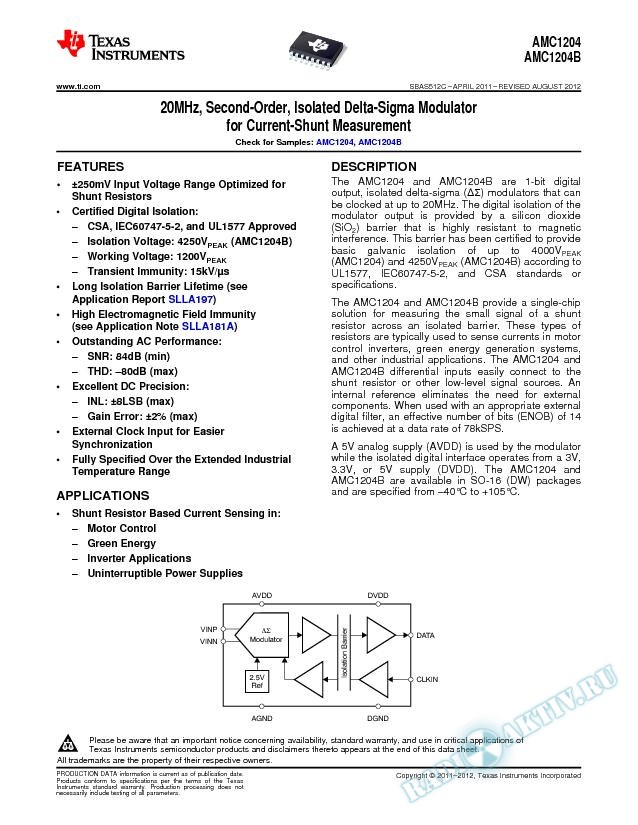 20MHz, Second-Order, Isolated Delta-Sigma Modulator for Current-Shunt Measuremen (Rev. C)