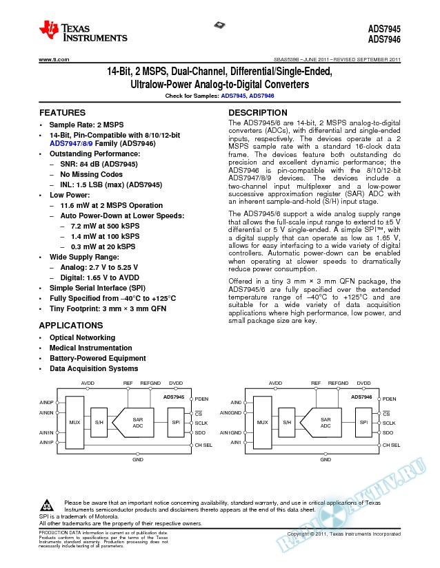 14-Bit, 2-MSPS, Dual-Channel, Differential/Single-Ended, Ultralow-Power ADCs (Rev. B)