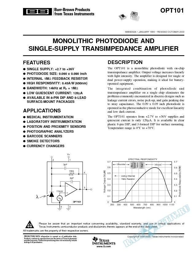 OPT101: Monolithic Photodiode and Single-Supply Transimpedance Amplifier (Rev. A)