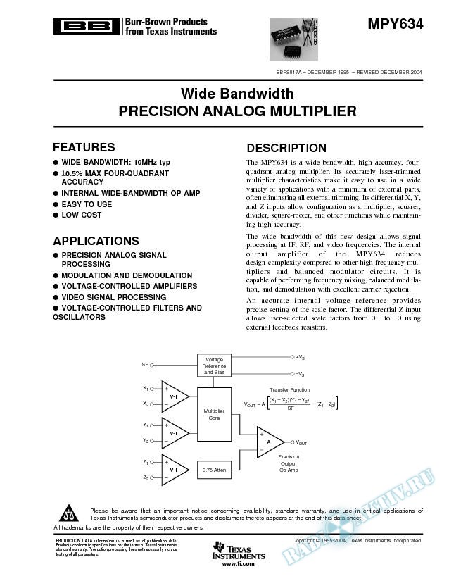 MPY634: Wide Bandwidth Precision Analog Multiplier (Rev. A)