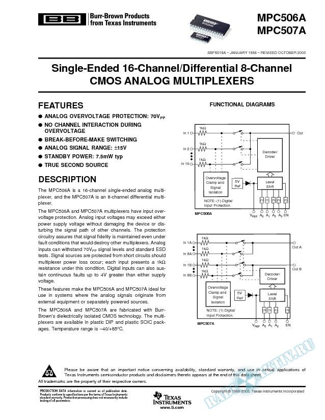 MPC506, MPC507:Single-Ended 16-Chan/Differential 8-Chan CMOS Analog Multiplexers (Rev. A)